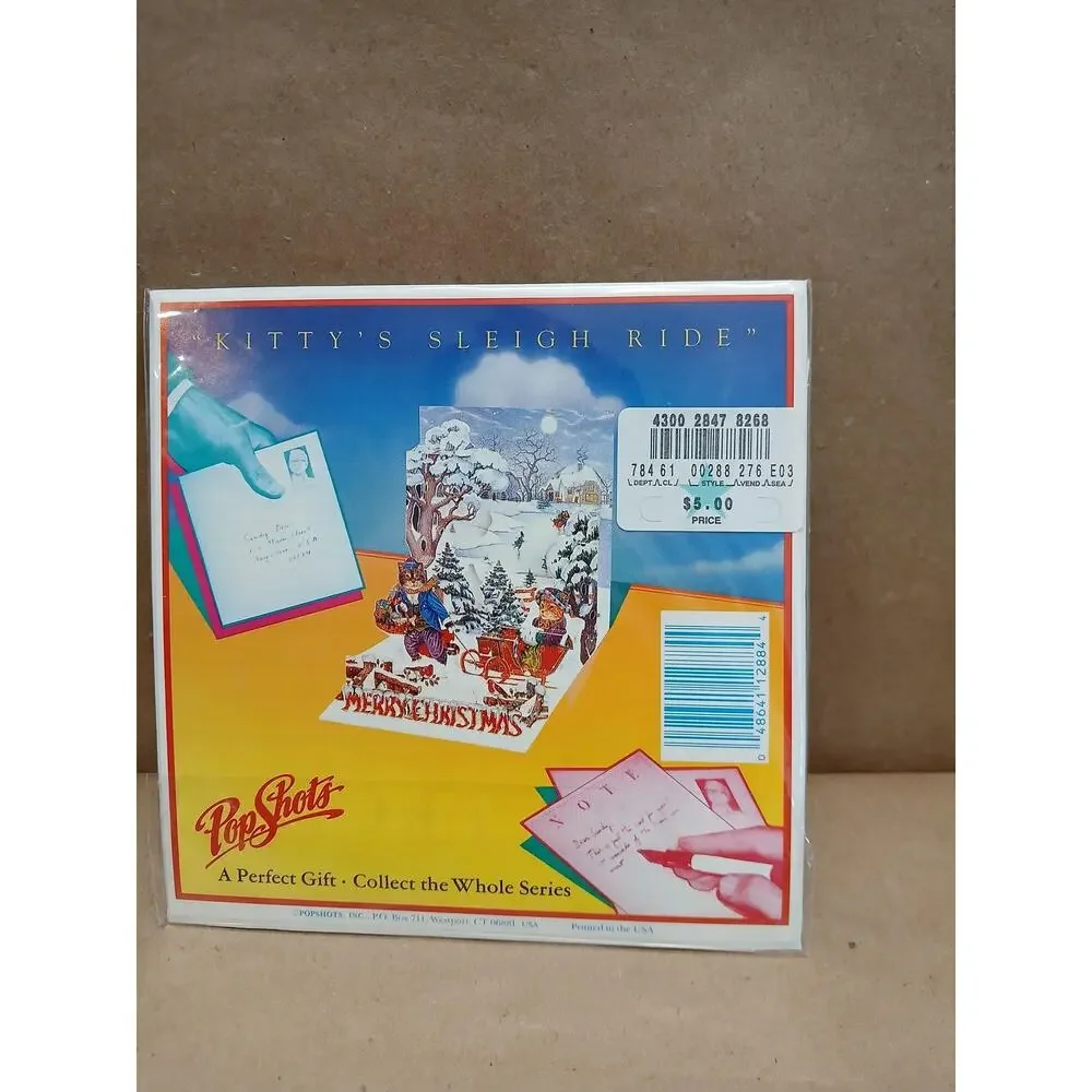 Vintage PopShots Kitty's Sleigh Ride Pop Up Christmas Card USA Collectible Rare